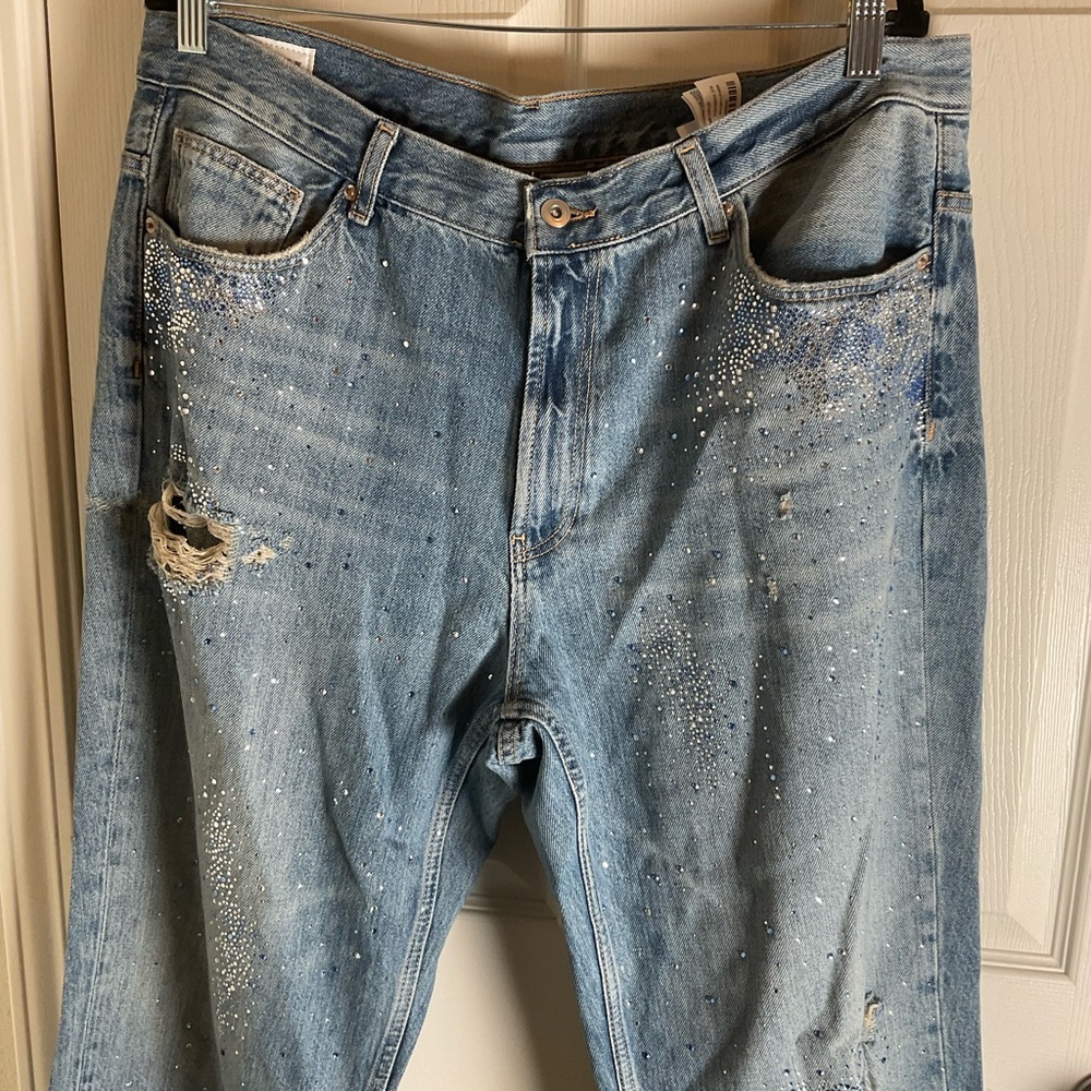 ZARA TRF ripped wide leg rhinestone Jeans Light Wash Distressed - Size US 14 - Picture 4 of 12